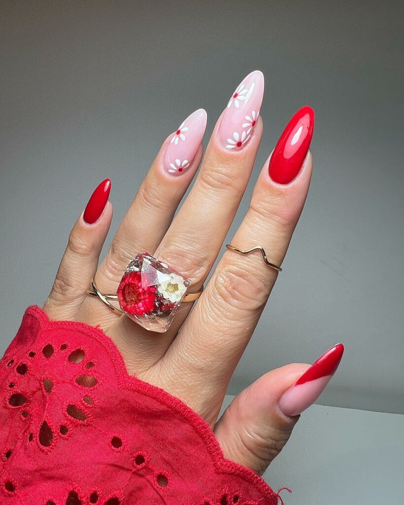 20 Latest Red Almond Nail Ideas To Try In 2024! 30 Red Almond Nails With Daisies