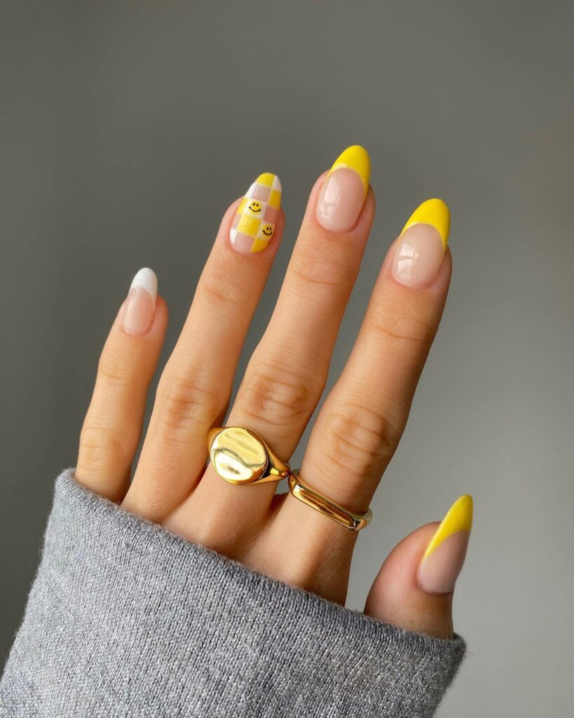 21 Latest Yellow French Tip Nail Designs To Try in 2024! 22 Yellow French Nails with Checkered And Emoji Design
