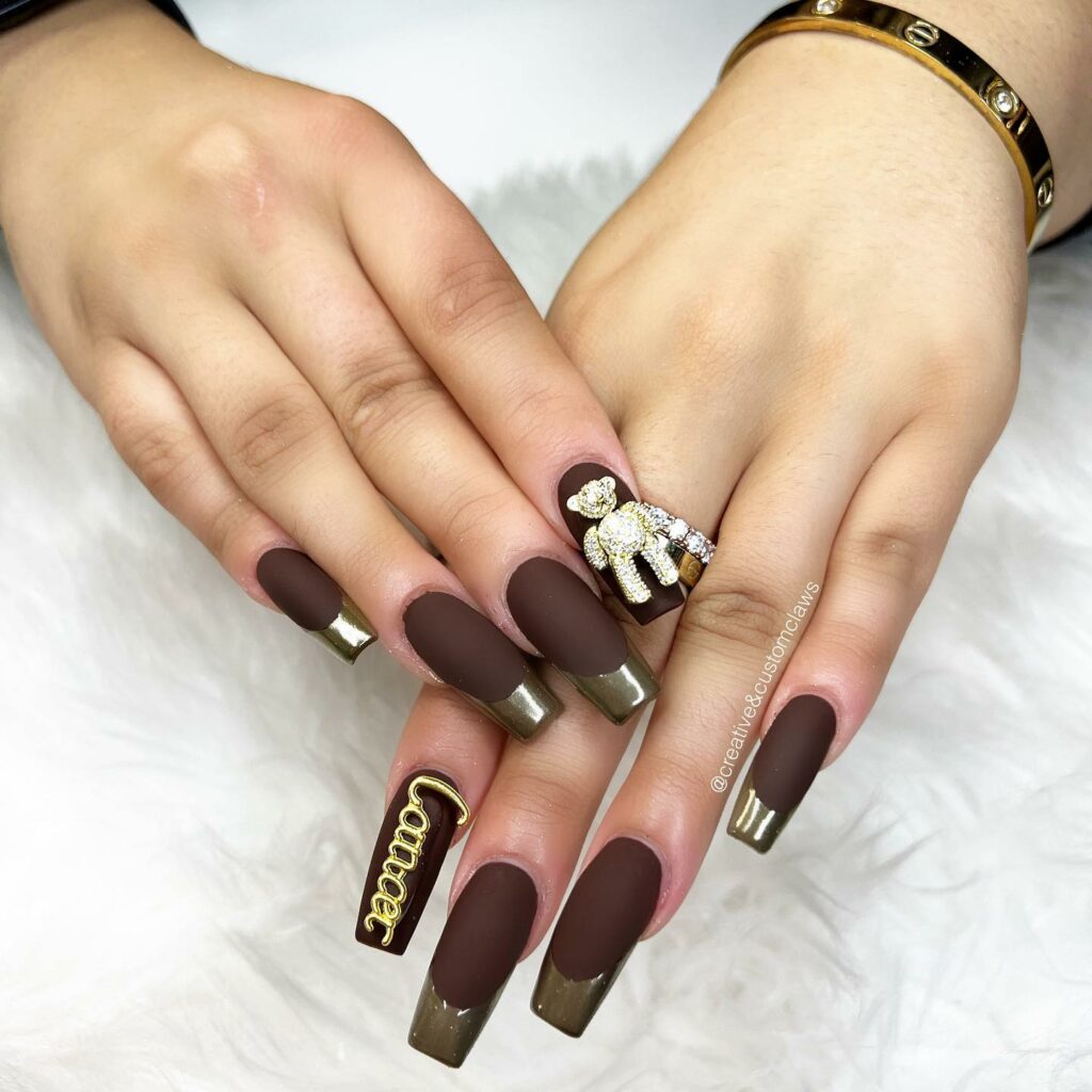 44 Latest Matte Brown Nail Ideas To Try In 2024! 36 Matte Brown Nails With Gold French Tips