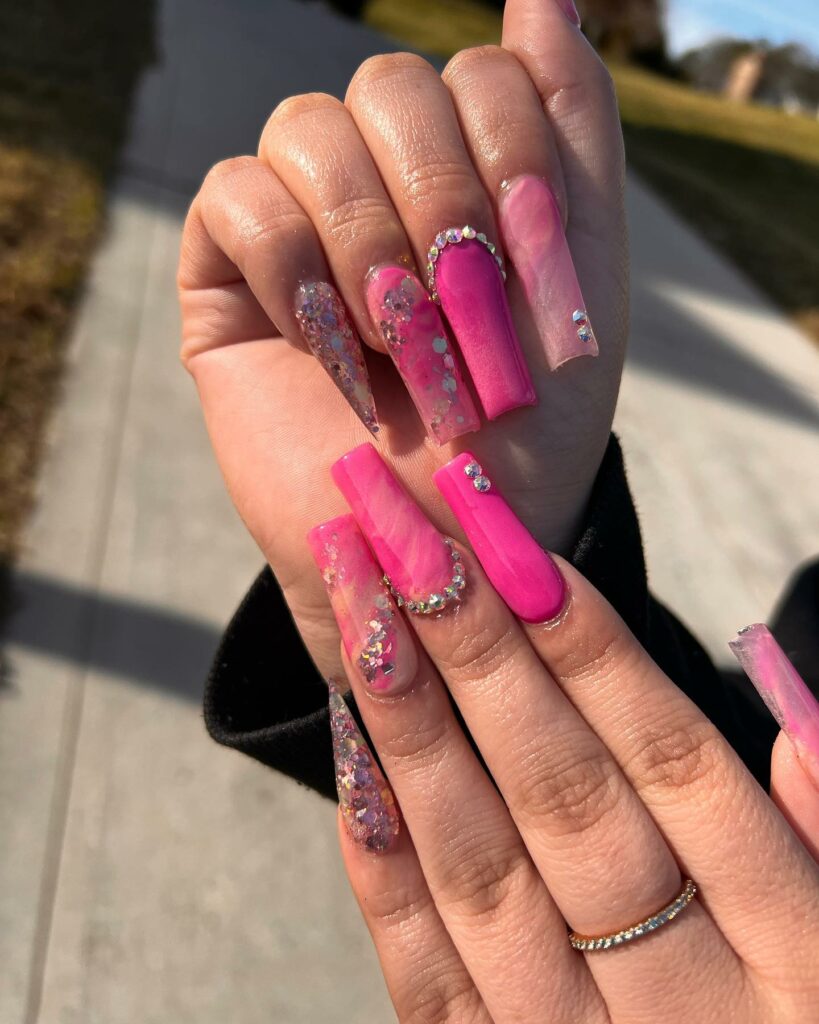 45 Latest Nails With Rhinestones Designs To Try In 2024! 33 Pink Coffin Nails with Rhinestones