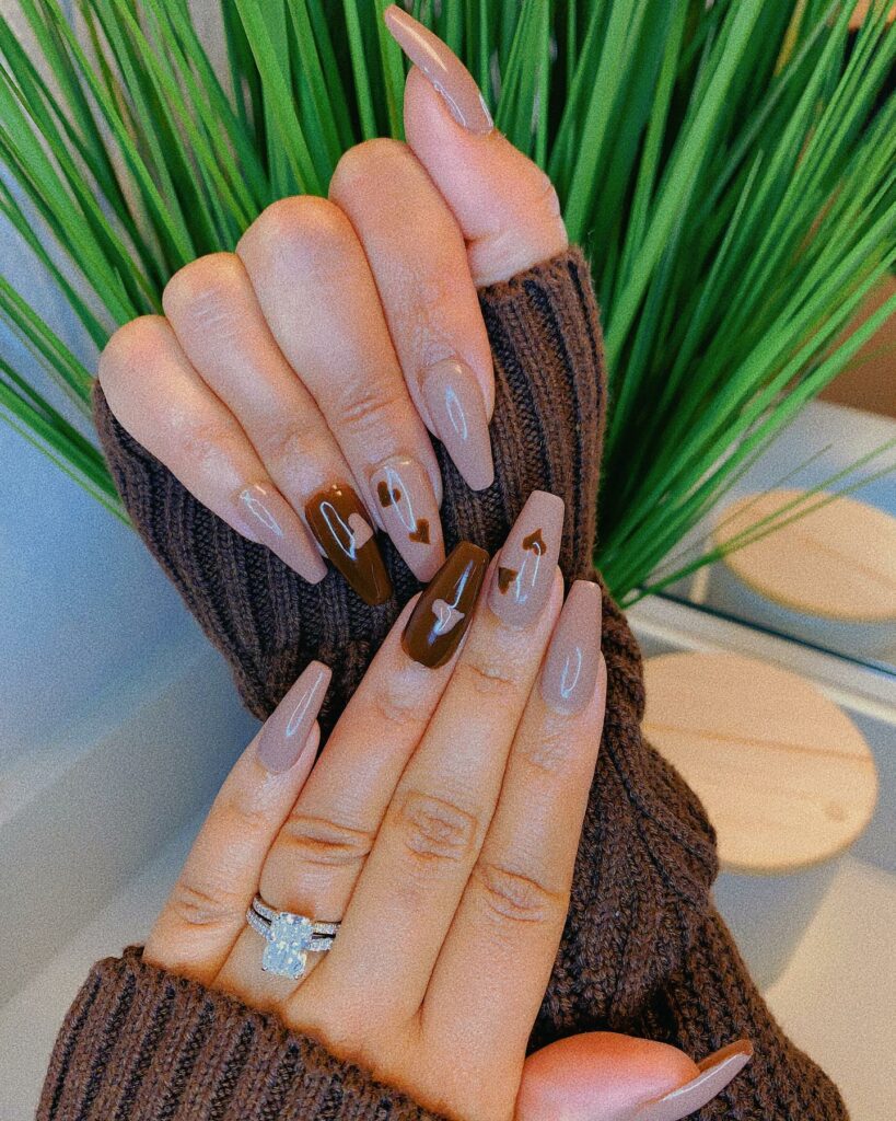 20 Latest February Nail Designs To Try In 2024! 15 Brown Coffin February Nails With Heart