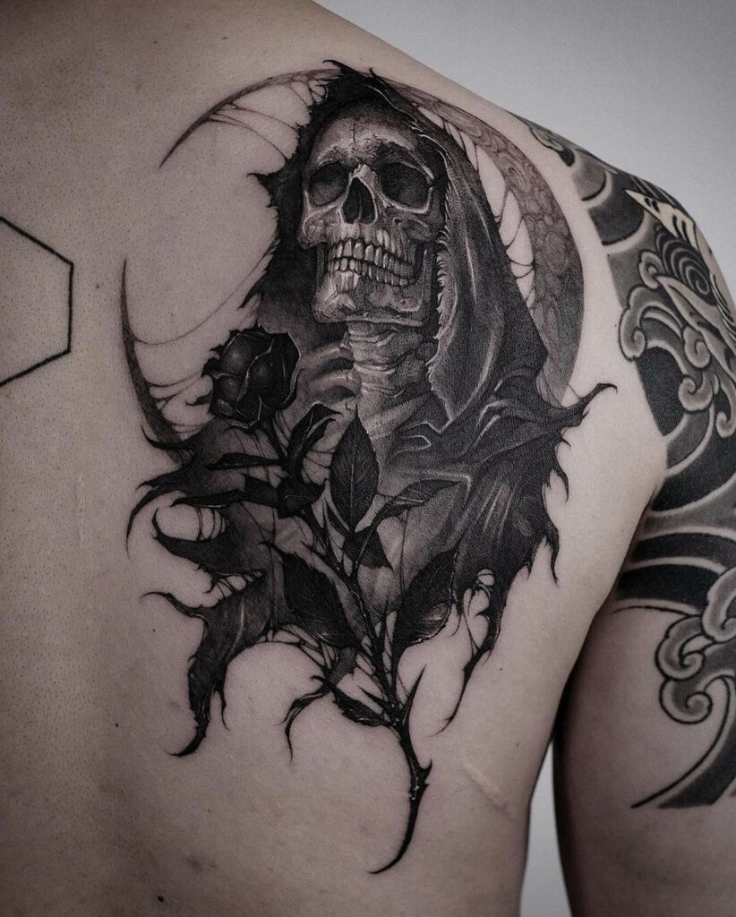 11+ Stencil Grim Reaper Tattoo Ideas That Will Blow Your Mind! 11 Grim Reaper Tattoo Stencils With Rose
