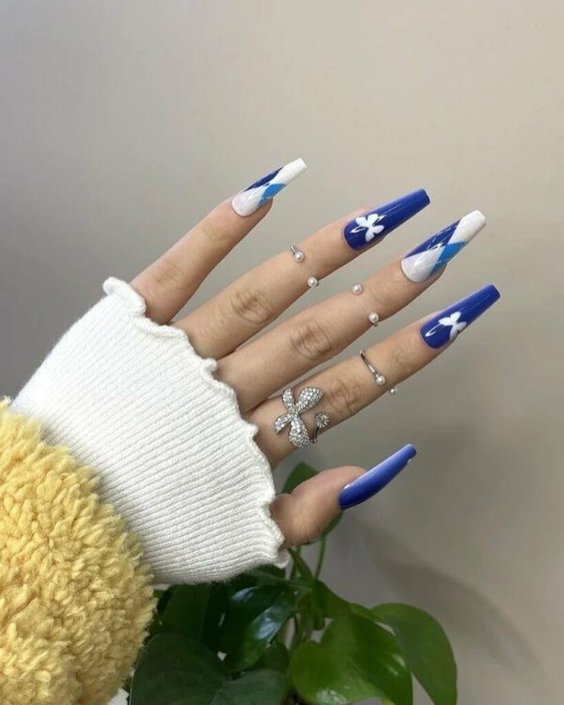 30 Latest Blue And White Nail Ideas To Try In 2024! 36 Blue And White Coffin Nails With Butterfly Design