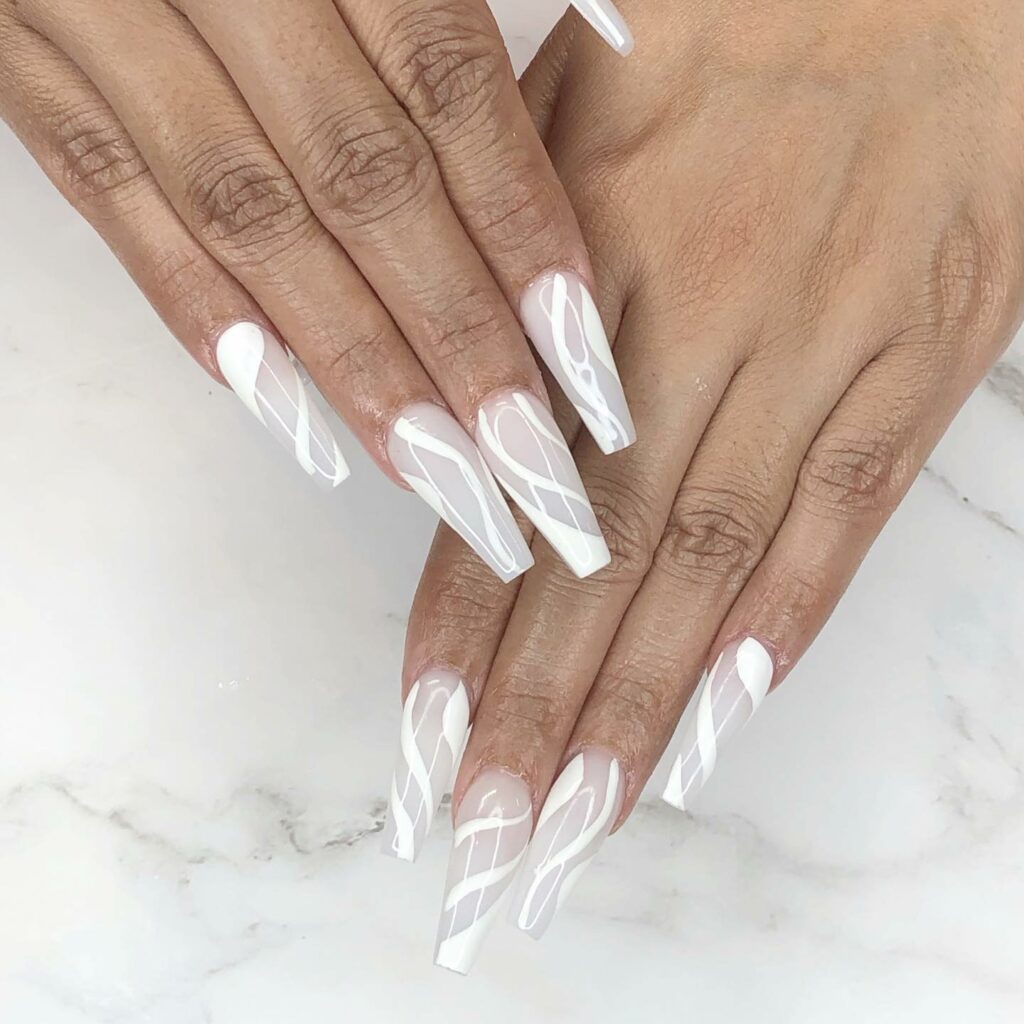 50 Latest White Coffin Nail Designs To Try In 2024! 15 Swirls On A White Coffin Nail