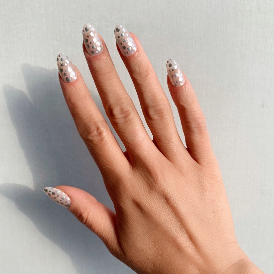 33 Latest Party Nail Ideas To Try In 2024! 28 Gel Party Nails With Silver Heart, Star And Circle Design