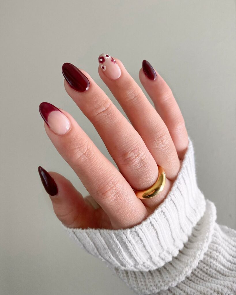20 Latest Wine Color Nail Ideas To Try In 2024! 16 Wine Color Nails With Daisies Design