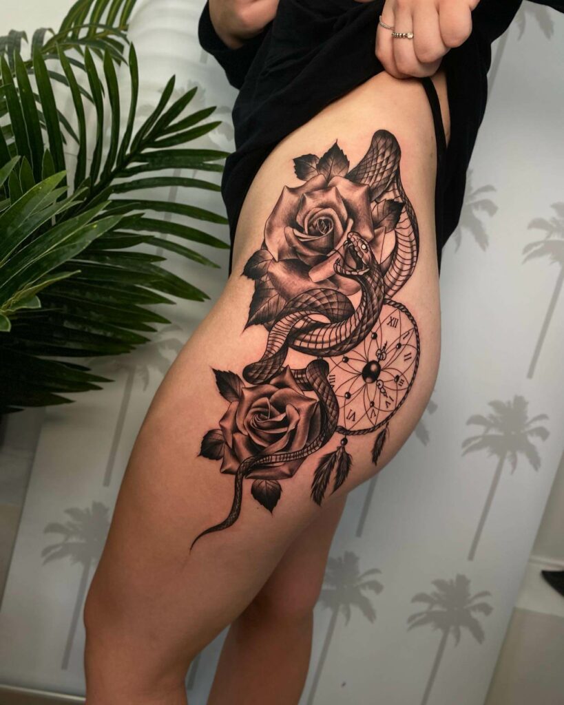 11+ Rose Hip Tattoo Ideas That Will Blow Your Mind! 11 Rose On Hip Tattoo With Snake Design