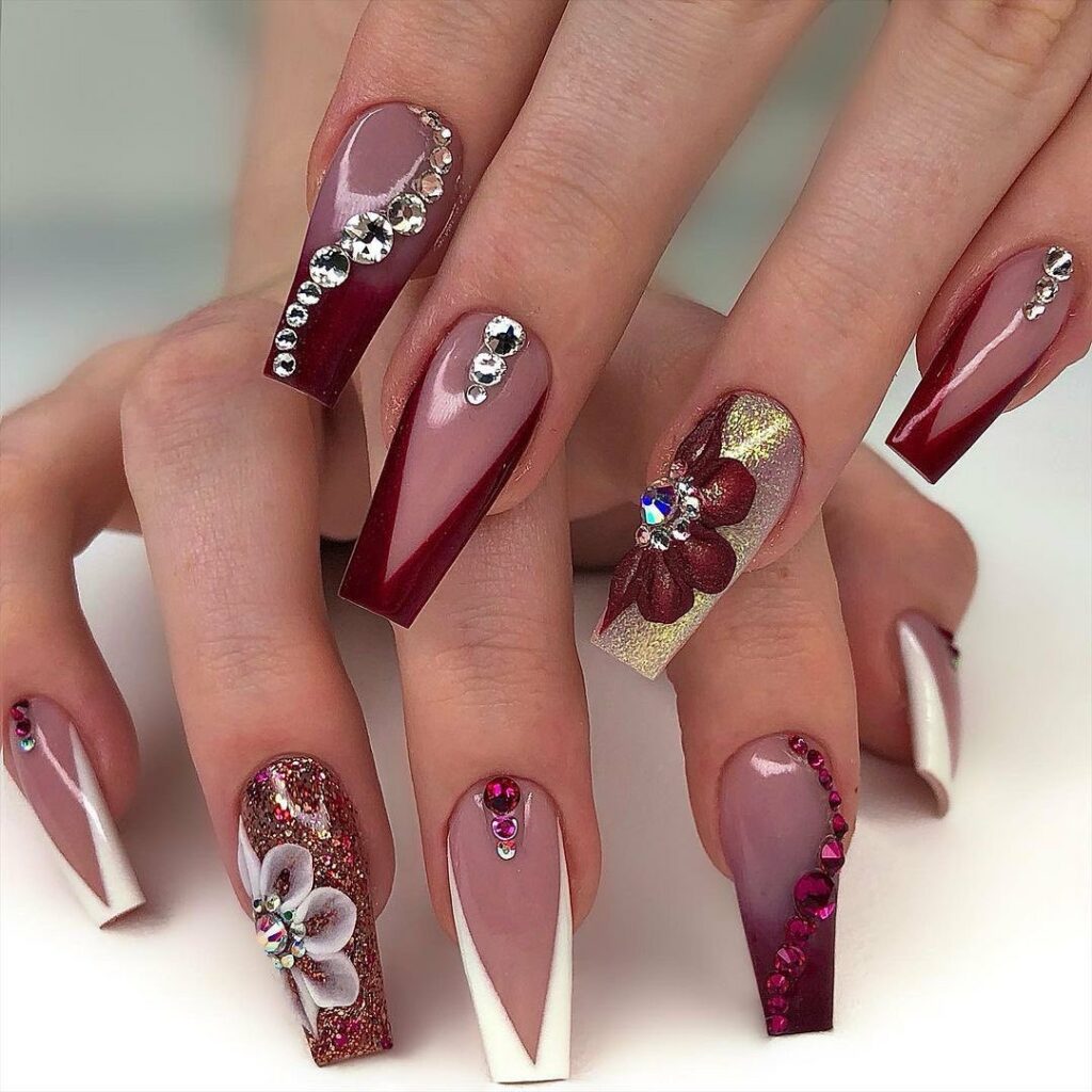 45 Latest Nails With Rhinestones Designs To Try In 2024! 17 Glamorous Burgundy