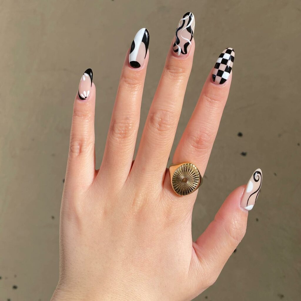 20 Latest Checkered Nail Designs To Try In 2024! 15 Checkered Nails With Swirls And Flowers