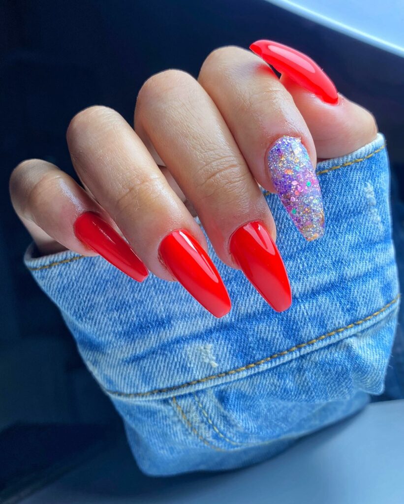 Go Bold with 40 Red Coffin Nail Designs in 2024 46 Red Coffin Nail With Colorful Glitters