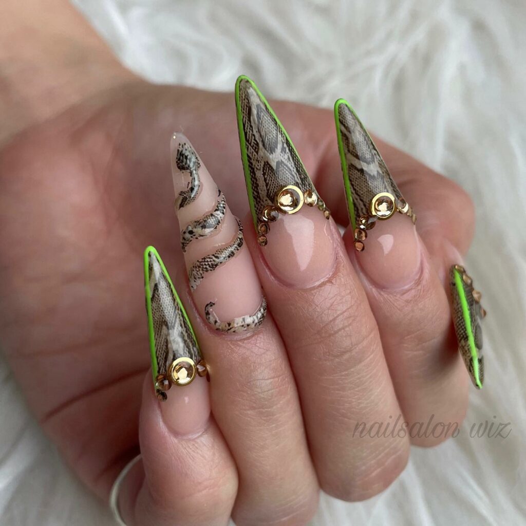 30 Latest Snake Nail Designs To Try In 2024! 14 Snake Skin French And 3D Design On Stiletto Nails