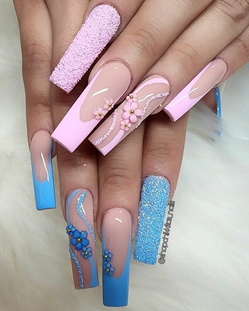 20 Latest Gender Reveal Nail Ideas To Try In 2024! 10 Long Gender Reveal Nails With Flower Design