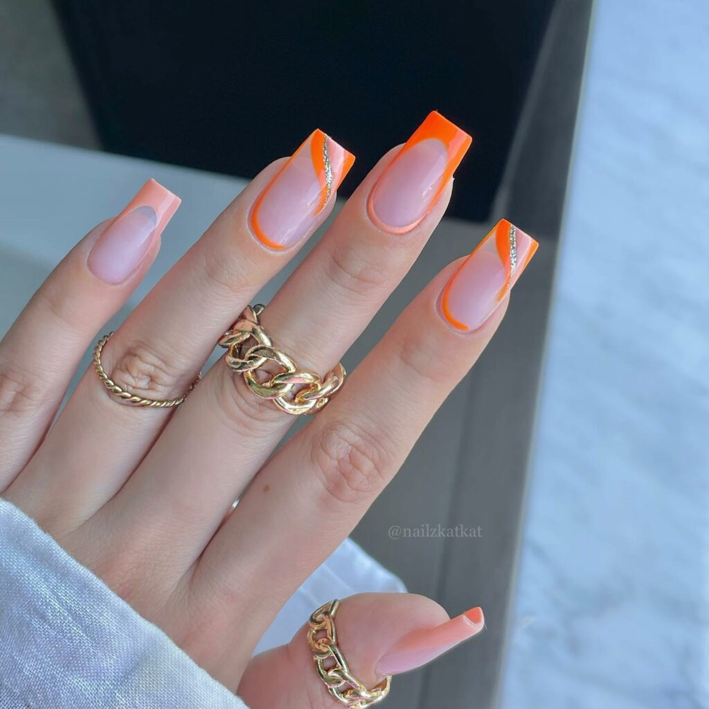 35 Latest Medium Square Nail Ideas To Try In 2024! 20 Orange Medium Square Nails With Glitter
