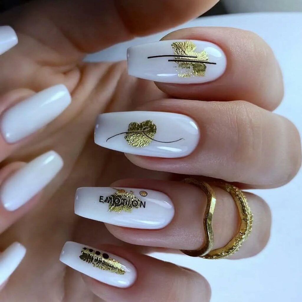 30 Latest White And Gold Nail Ideas To Try In 2024! 39 White Acrylic Nails With Gold Foil Design