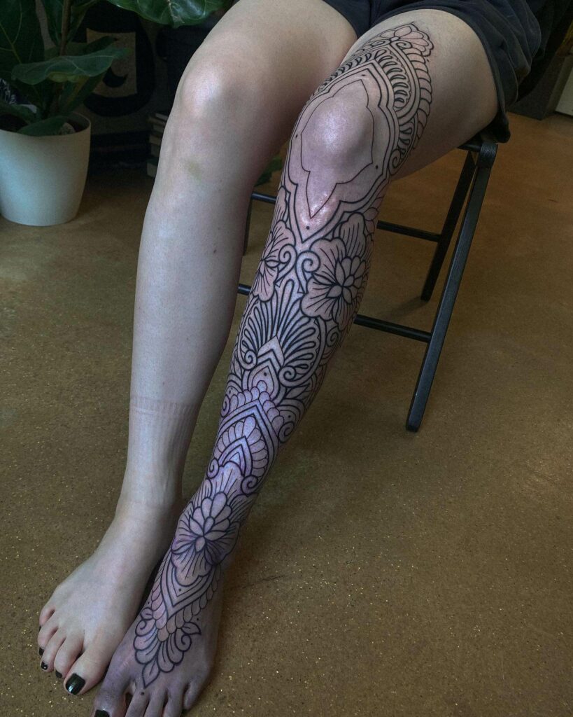14+ Leg Sleeve Tattoo Women Ideas That Will Blow Your Mind! 11 Ornamental Leg Sleeve Tattoo