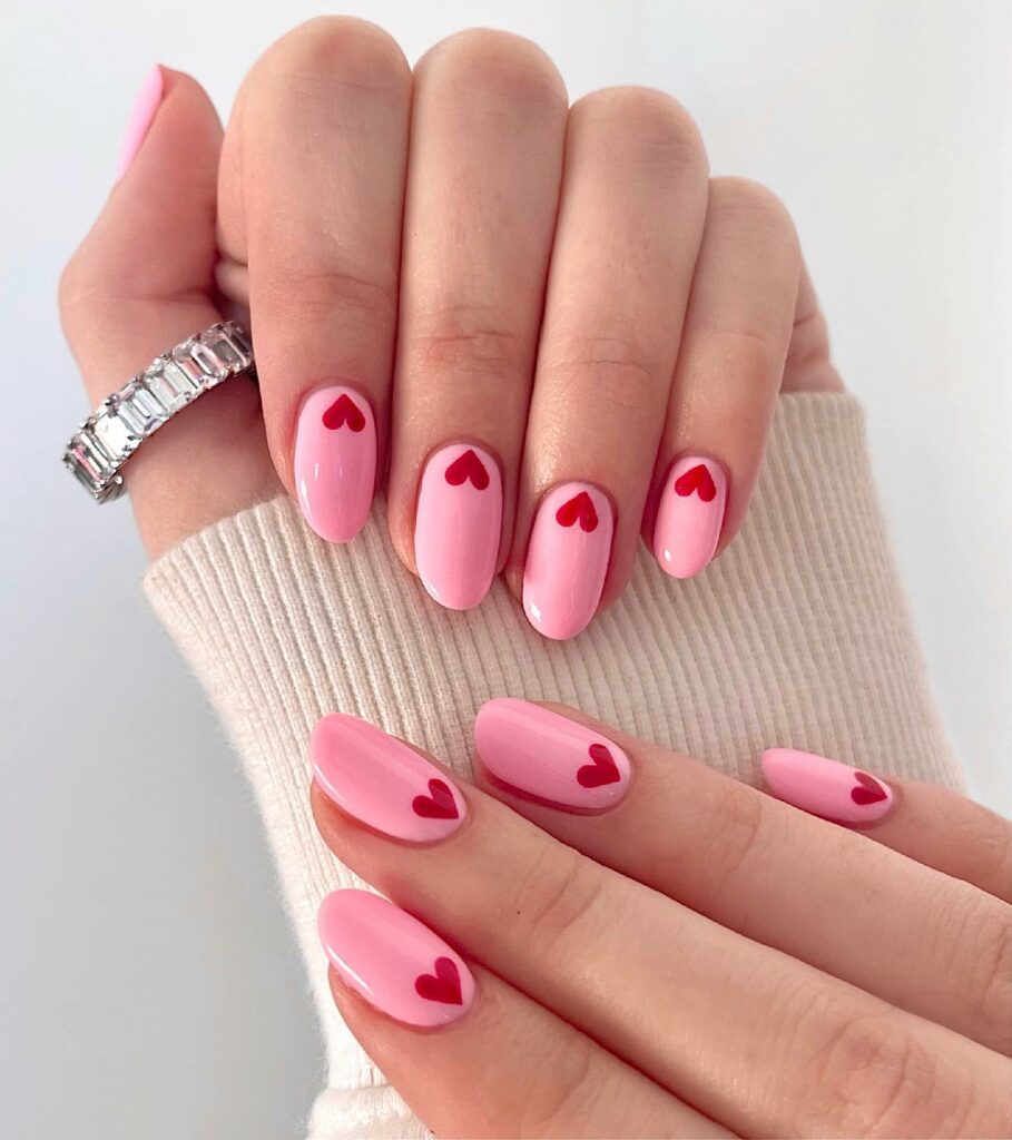 30 Latest Heart Nails Ideas To Try In 2024! 12 Red Hearts On Pink Nails