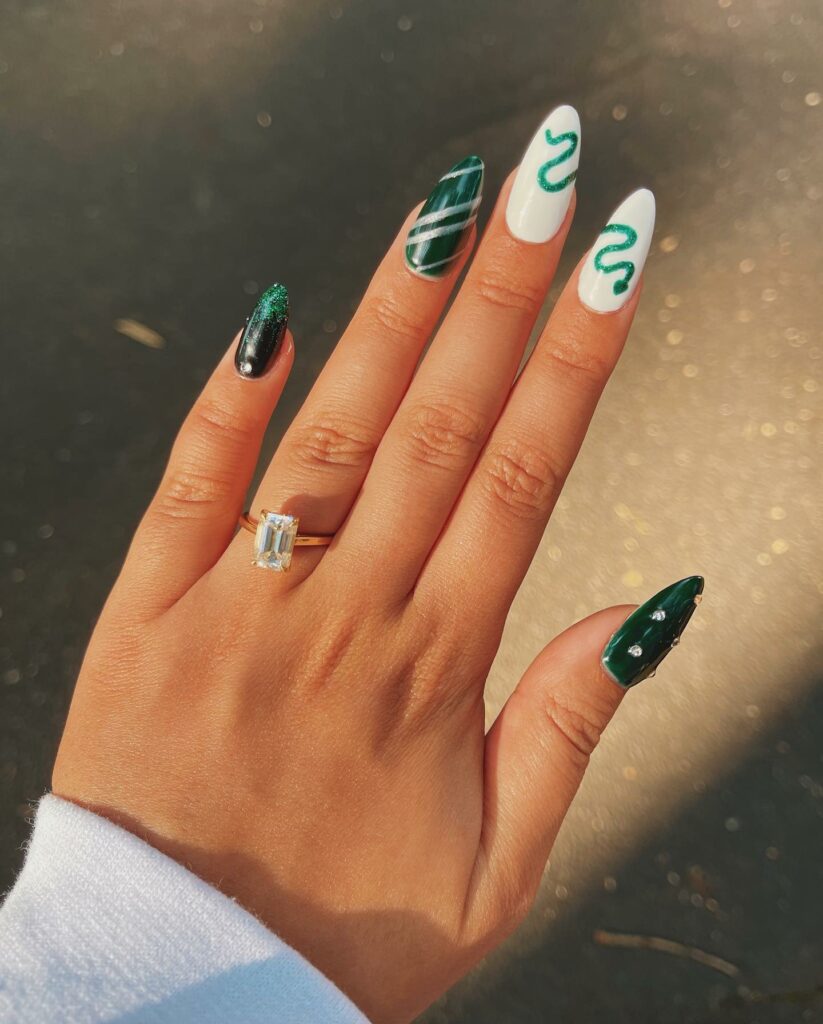 33 Latest Harry Potter Nail Ideas To Try In 2024! 38 Slytherin Design Harry Potter Nails With Green Ombre And Silver Foil