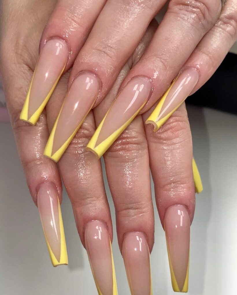 50 Latest V French Tip Coffin Nail Designs To Try In 2024! 42 Yellow V French Tip Nails