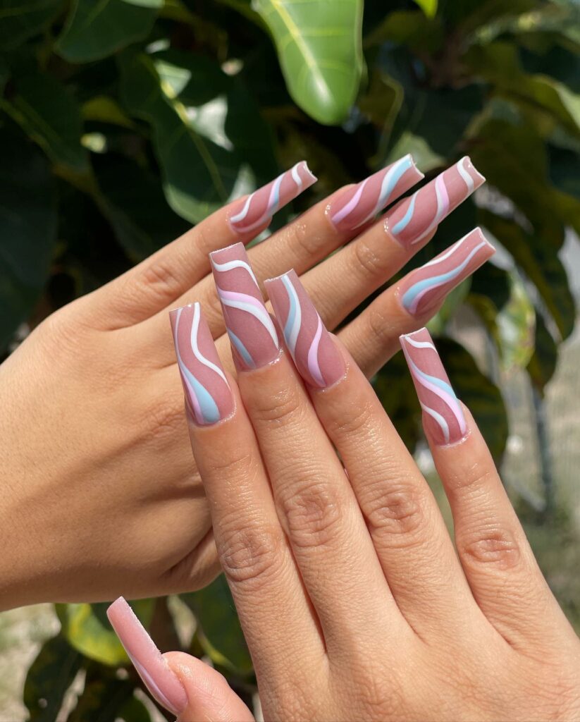 20 Latest Gender Reveal Nail Ideas To Try In 2024! 29 Gender Reveal Coffin Nails With Swirl Design