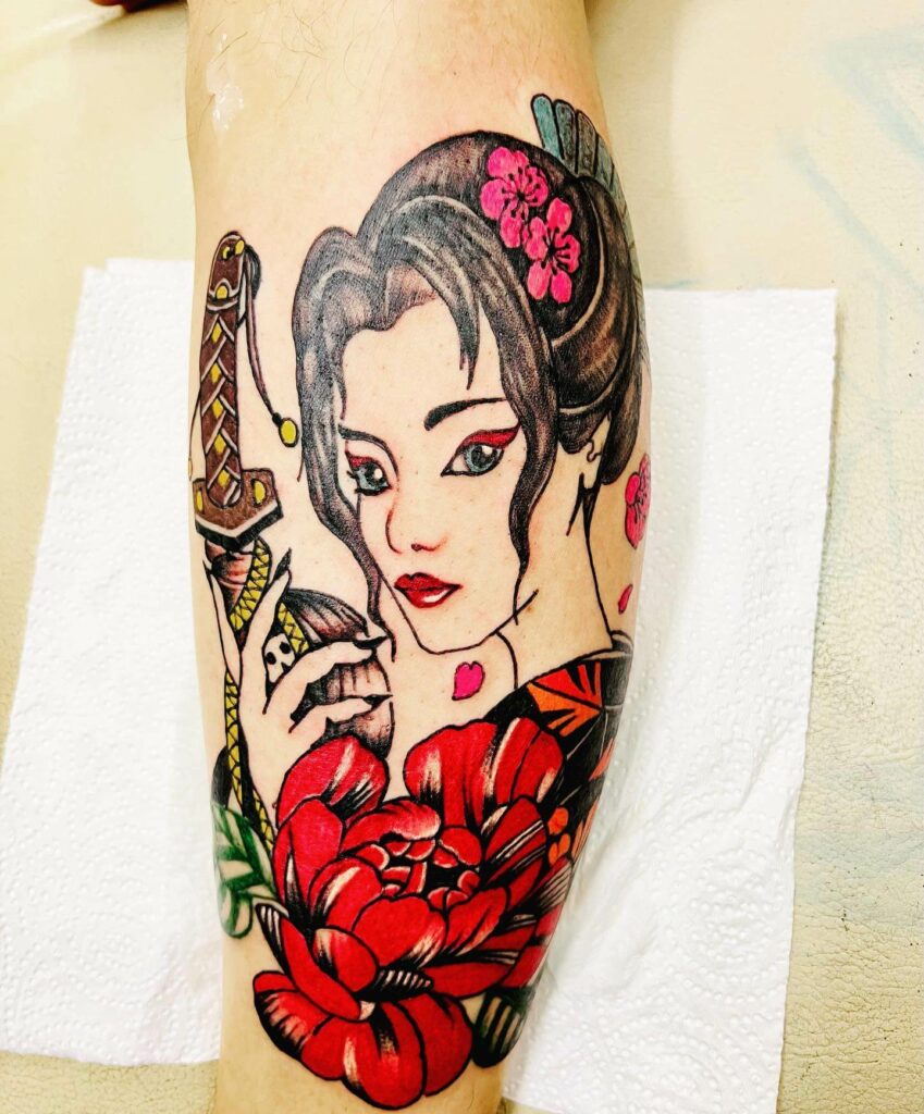 11+ Geisha Tattoo Sketch Ideas You’ll Have To See To Believe! 11 Colorful Geisha Tattoo Sketch With Flowers