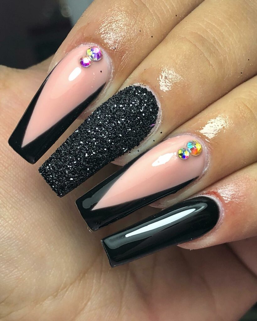 40 Latest Black Coffin Nail Designs To Try In 2024! 32 Sparkly Black Nail Design
