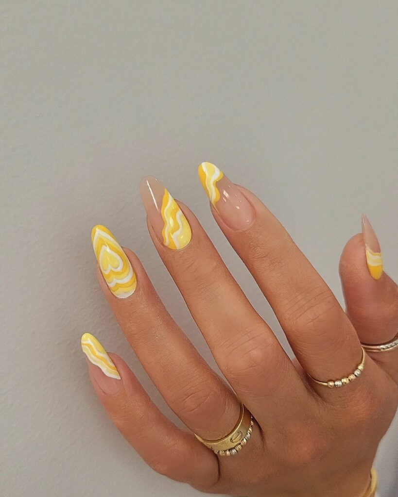20 Latest Sunshine Nail Ideas To Try In 2024! 21 Sunshine Abstract Nails With Heart Design