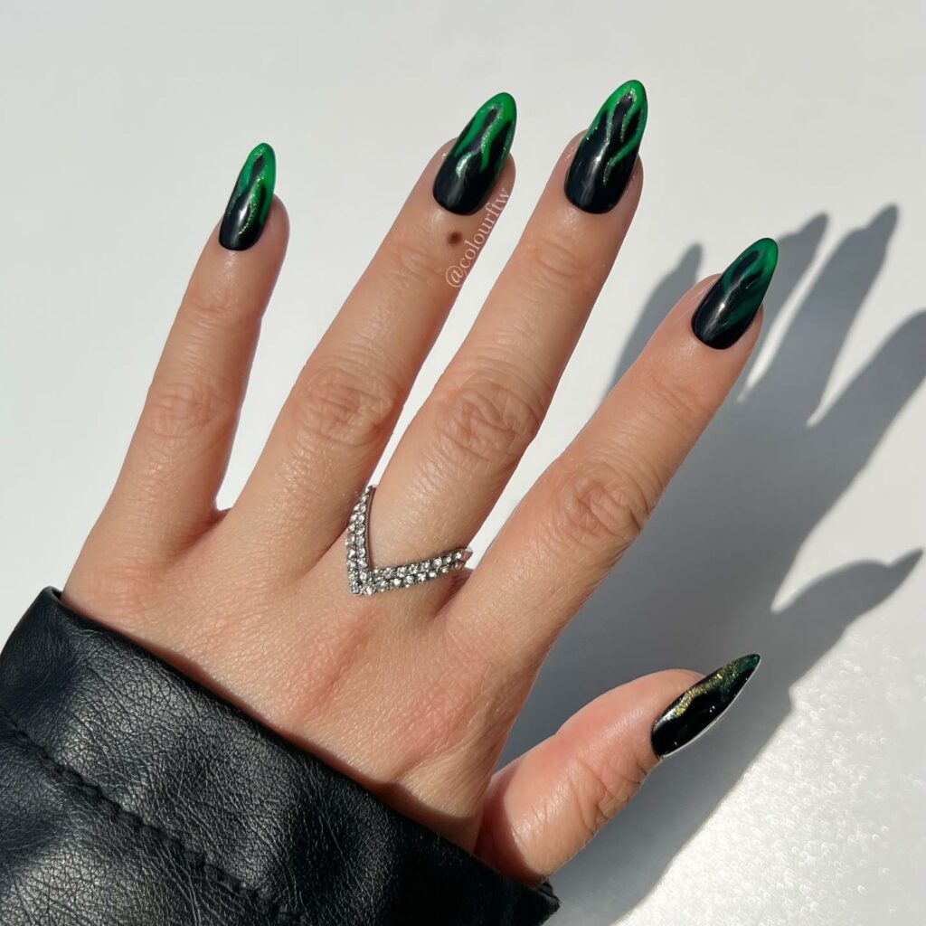 Get Edgy with 30 Green And Black Nail Designs in 2024 29 Green And Black Nails With Flame Design