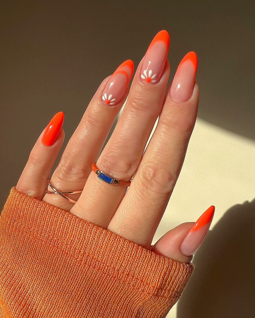 Bring Sunshine with 20 Orange French Tip Nail Designs in 2024 18 Orange French Tip Nails With Daisy Flowers
