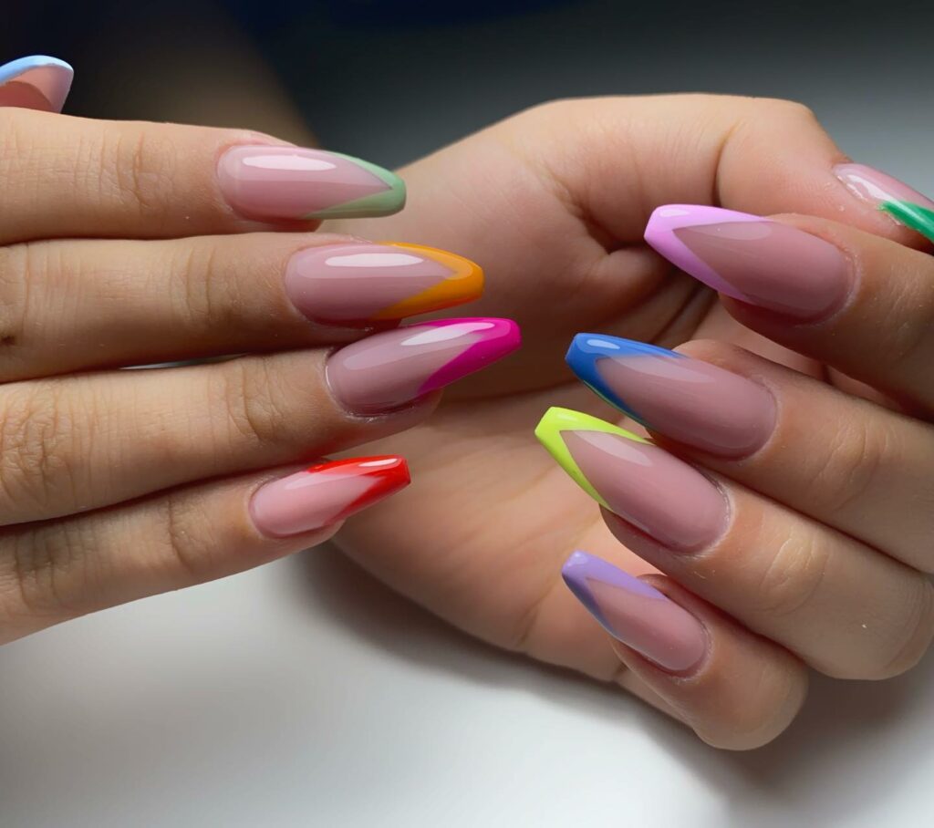22 Latest Colorful French Tip Nail Ideas To Try In 2024! 39 Colorful V Tip French On A Nude Base Nail