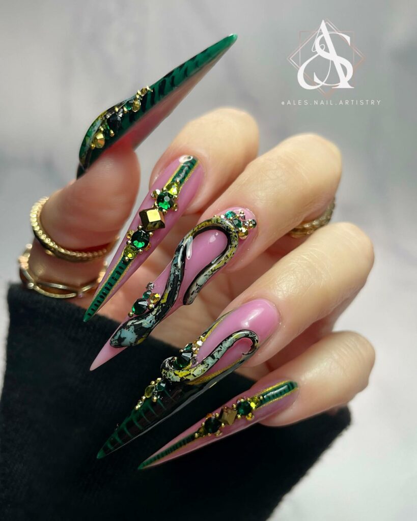 30 Latest Snake Nail Designs To Try In 2024! 23 3D Snake On Stiletto Nails With Stones