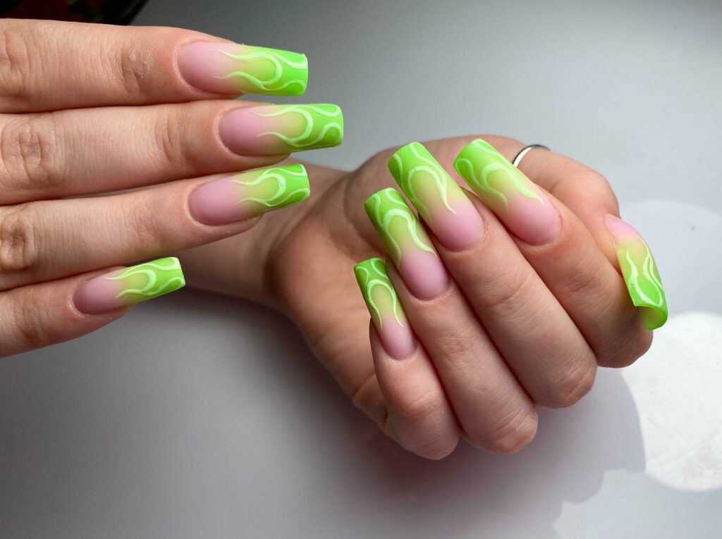 26 Latest Ombre Nail Ideas To Try In 2024! 32 Neon Green Ombré Nails With Flames