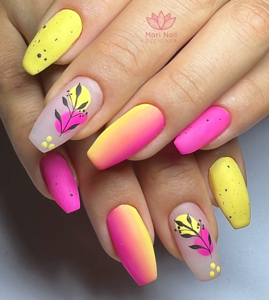 20 Latest Pink And Yellow Nail Ideas To Try In 2024! 20 Matte Pink And Yellow Ombre Nails With Botanical Design