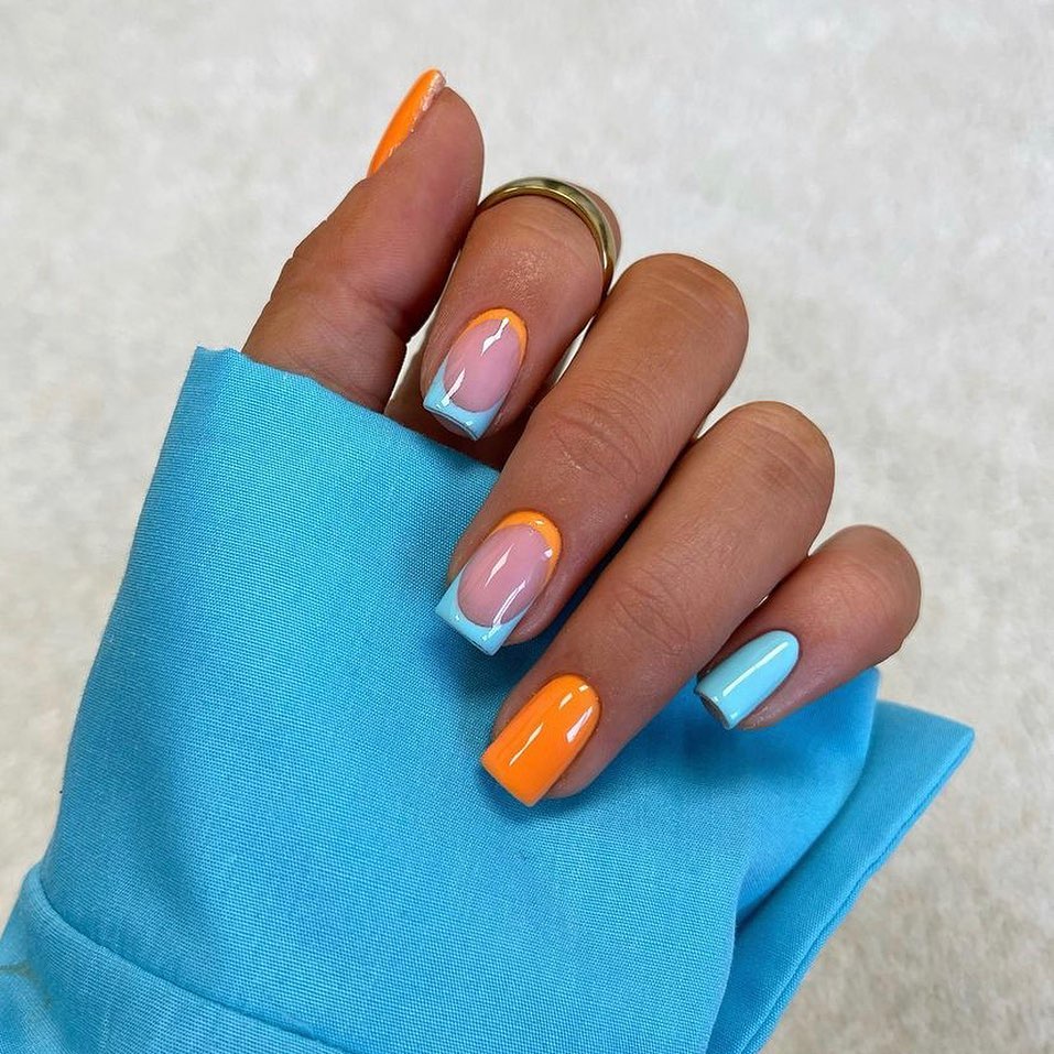 20 Latest Orange And Blue Nail Ideas To Try In 2024! 10 Orange And Blue Short Square Nails