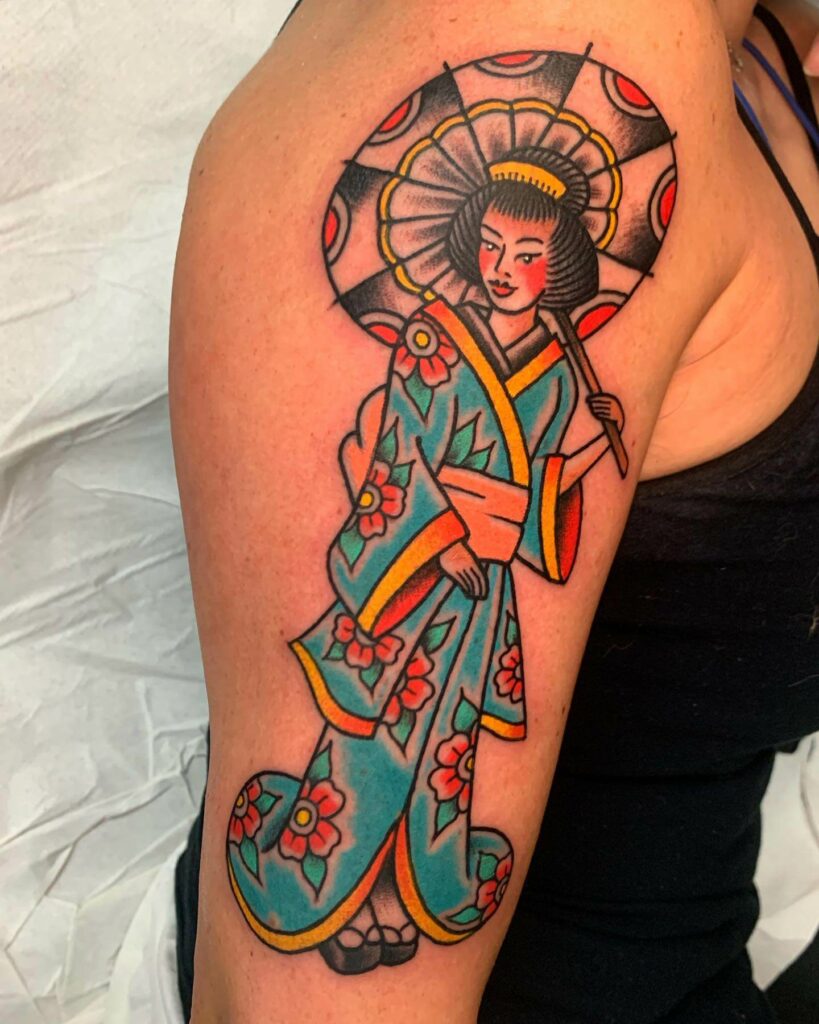 11+ Geisha Tattoo Sketch Ideas You’ll Have To See To Believe! 19 Colorful Geisha Tattoo Sketch With Umbrella