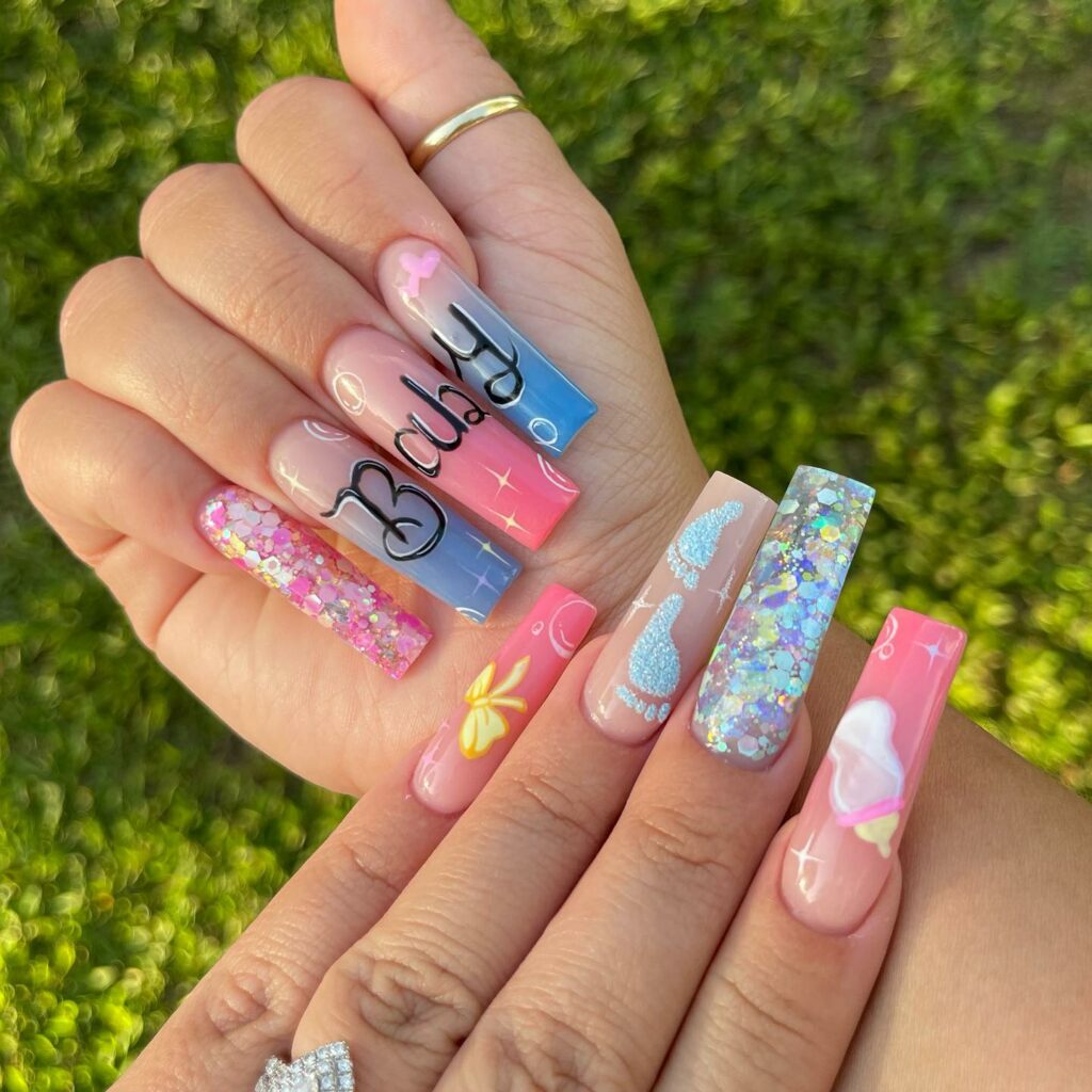 20 Latest Gender Reveal Nail Ideas To Try In 2024! 18 Gender Reveal Long Nails With Colorful Glitter