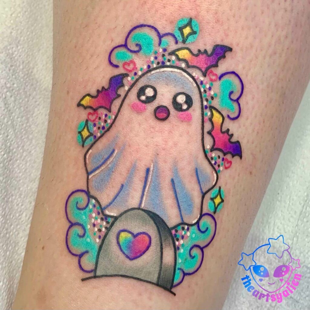 33 Halloween Tattoo Ideas for 2024 32 Multicolor Cute Halloween Ghost Tattoo