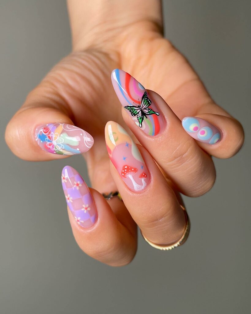 20 Latest Mushroom Nail Designs To Try In 2024! 20 Colorful Nails With Mushroom, Daisies And Butterfly Design