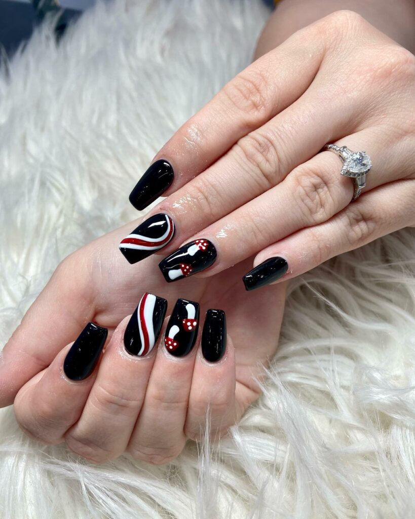 20 Latest Mushroom Nail Designs To Try In 2024! 29 Mushroom Design On Black Base Nails