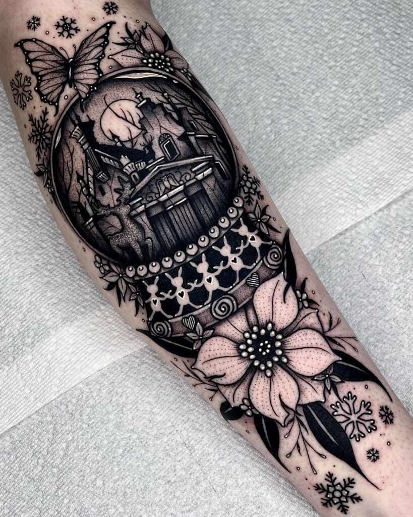 33 Halloween Tattoo Ideas for 2024 30 Edward Scissorhands Snow Globe Mansion Halloween Tattoo