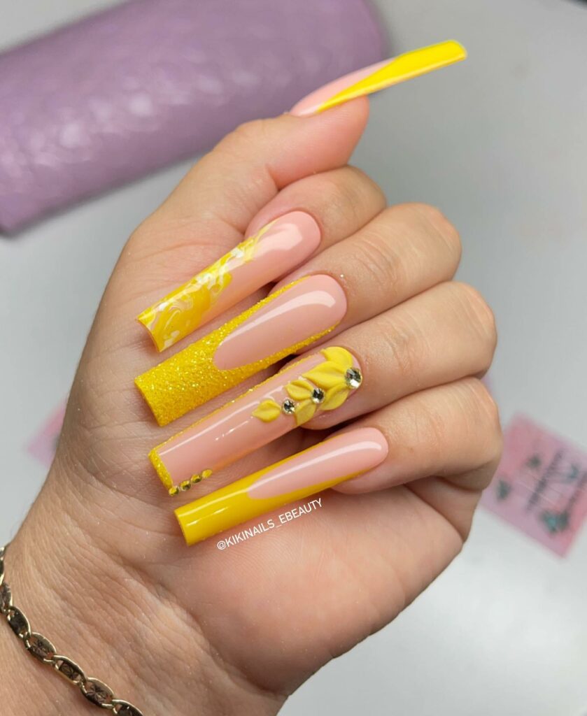 20 Latest Yellow Ombre Nail Ideas To Try In 2024! 34 Long Yellow Ombre Nails With 3D Flower And Rhinestones Design