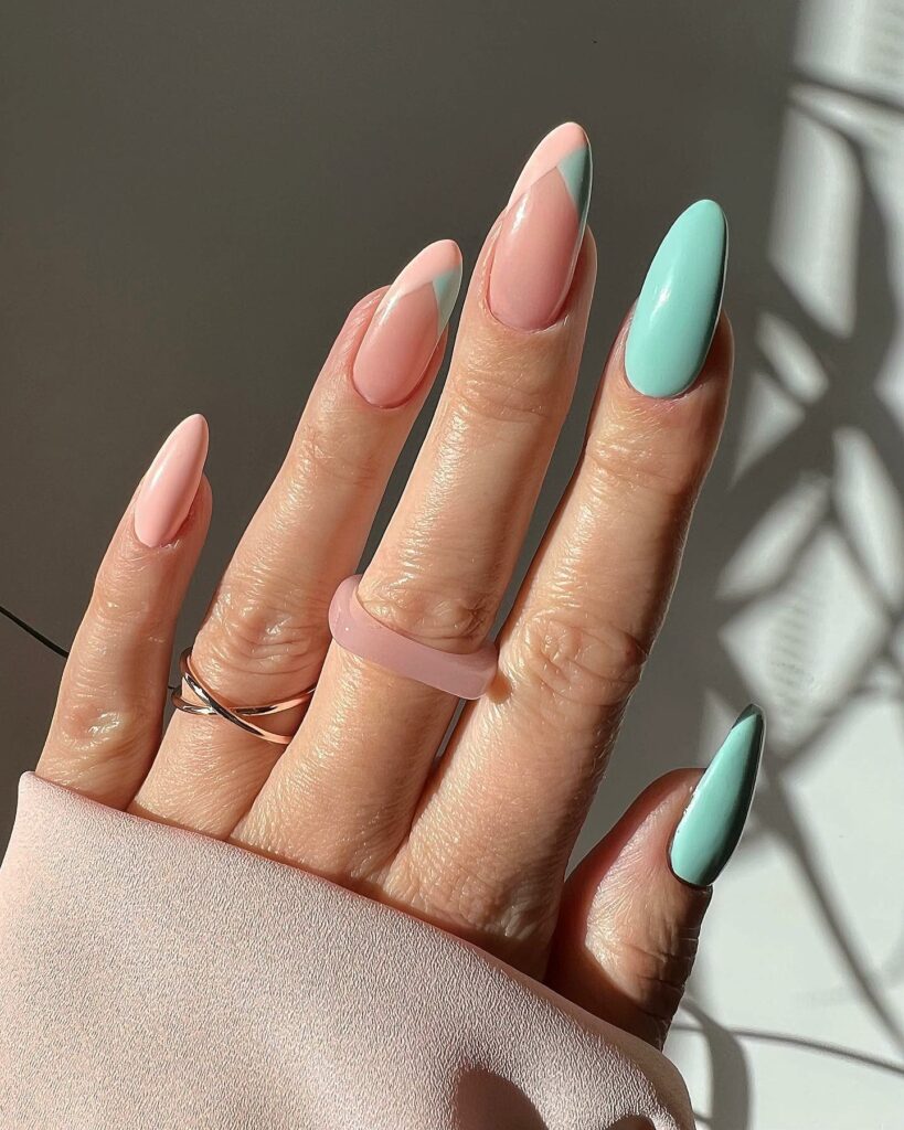 20 Latest Tiffany Blue Nail Ideas To Try In 2024! 18 Tiffany Blue And Pastel Pink V Tip French Nails