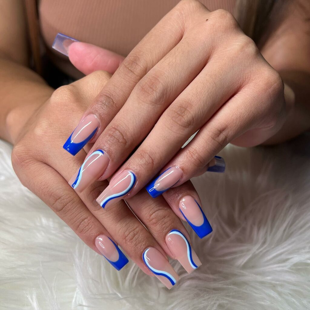 35 Latest Medium Square Nail Ideas To Try In 2024! 11 Blue French Medium Square Nails With Swirls