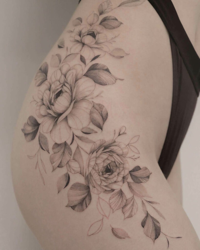 11+ Floral Hip Tattoo Ideas That Will Blow Your Mind! 11 The Intricate Buttercup X Peony Flower Tattoo
