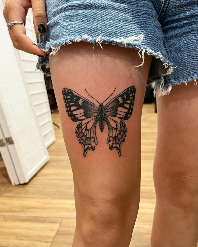 11+ Thigh Tattoo Sleeve Ideas That Will Blow Your Mind! 14 Black Monarch Butterfly Shaded Tattoo