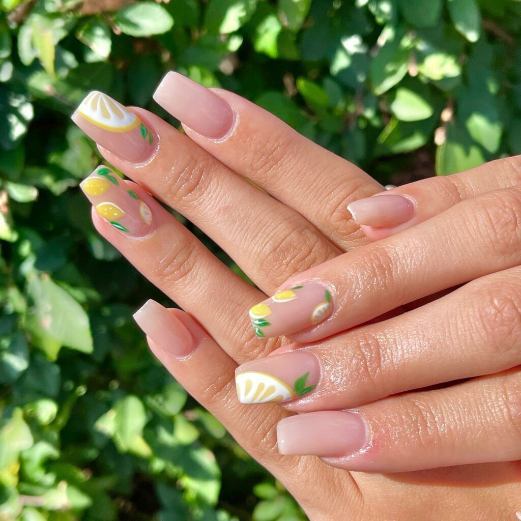 Nude Square Nails With Lemon Design