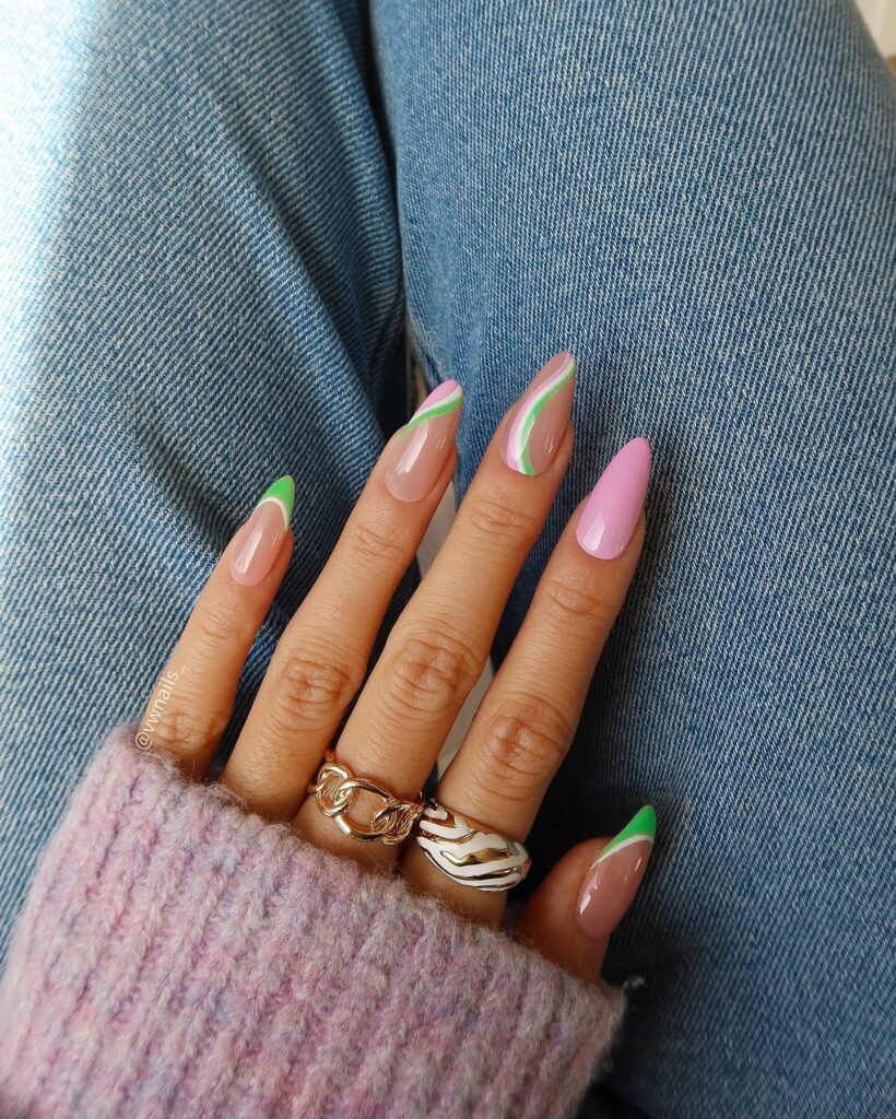 20 Latest Pink And Green Nail Ideas To Try In 2024! 12 Pink And Green Abstract Nails With Swirl