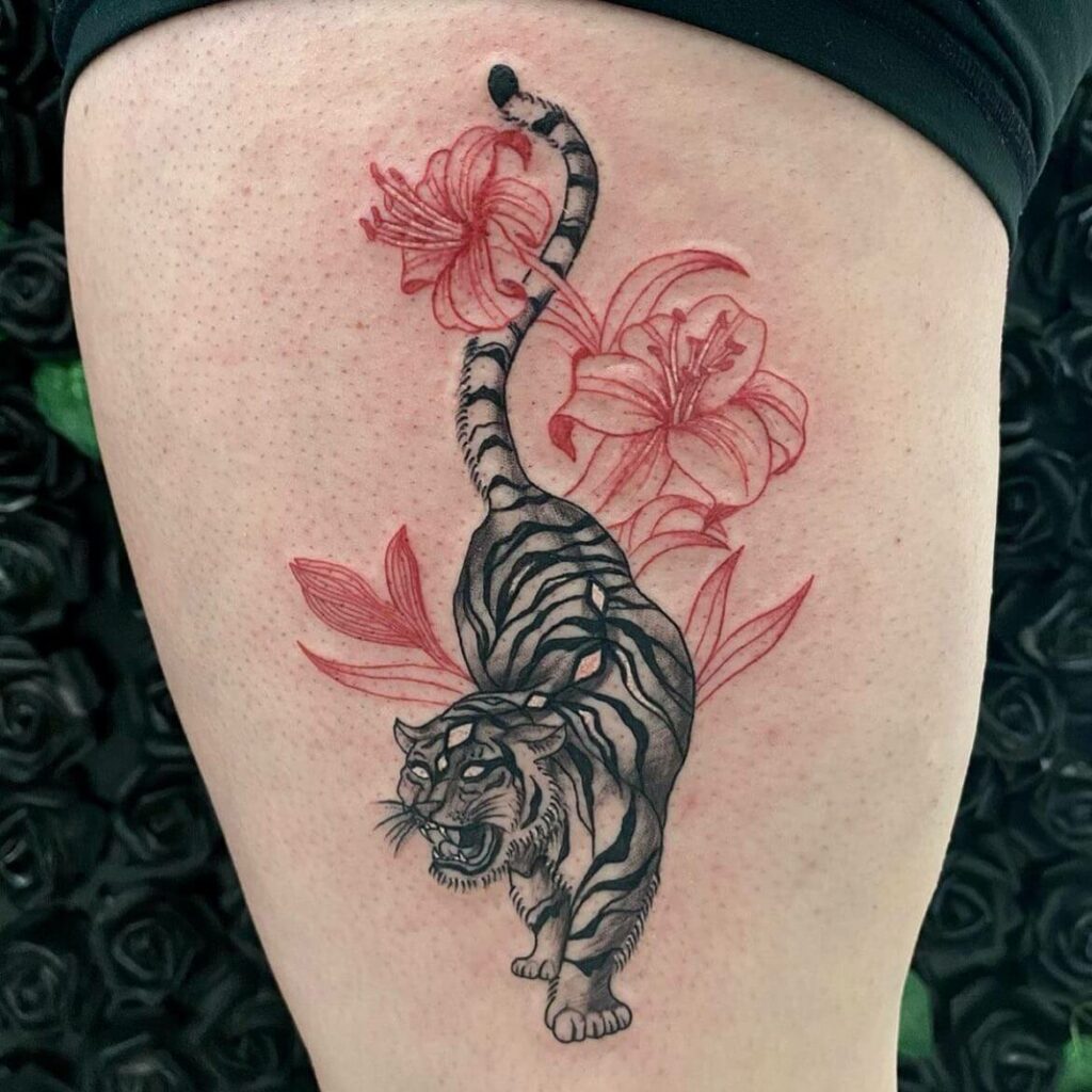 10+ Women's Feminine Tiger Tattoo Ideas That Will Blow Your Mind! 18 Red Lillies X Traditional Tiger Tattoo