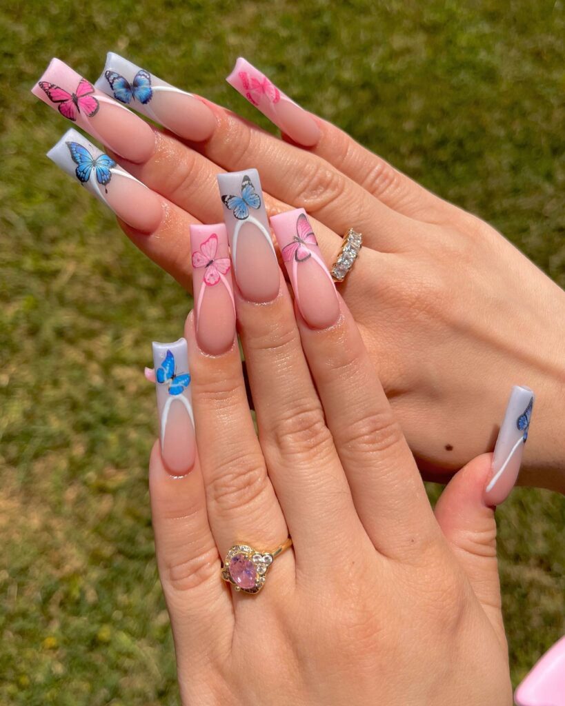 20 Latest Gender Reveal Nail Ideas To Try In 2024! 17 Gender Reveal Nails With Butterfly Design