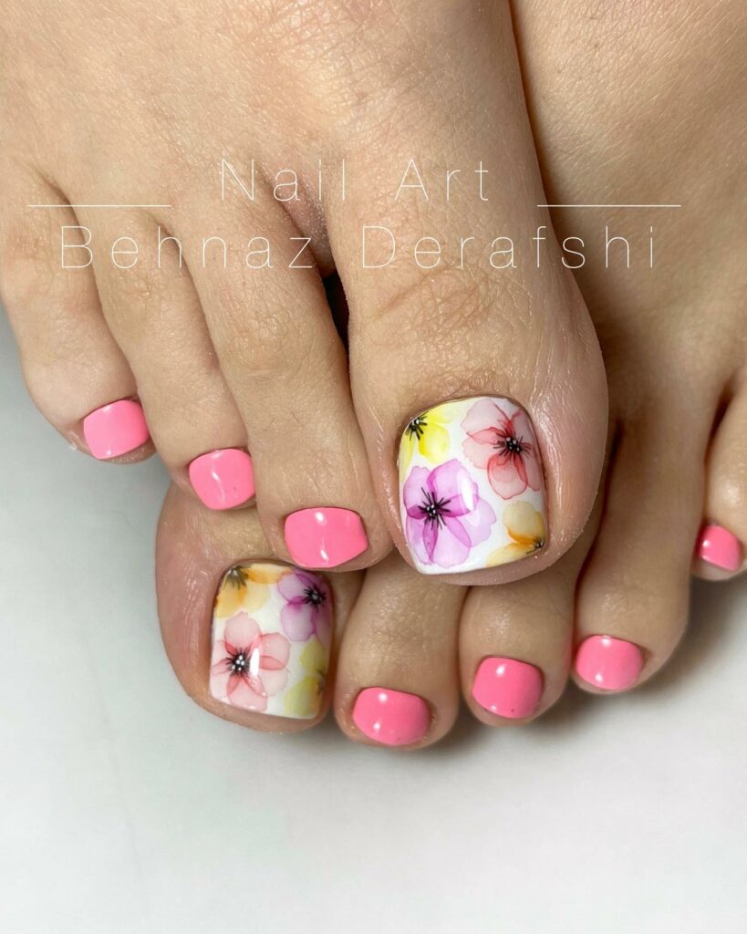 20 Latest Flower Pedicure Designs To Try In 2024! 17 Multicolored Cheery Blossom Flower Pedicure