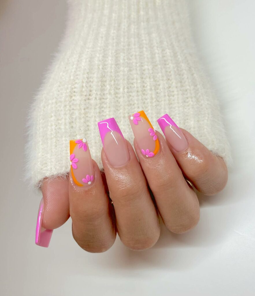 35 Latest Medium Square Nail Ideas To Try In 2024! 29 Pink Medium Square Nails With Daisies